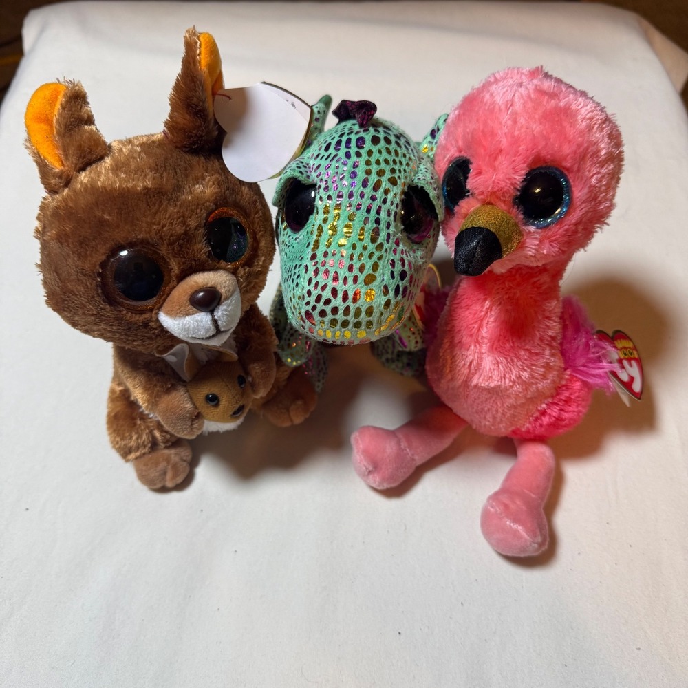 Ty Beanie Boos Bundle Kipper Kangaroo Cinder Dragon Flamingo Plush Gilda